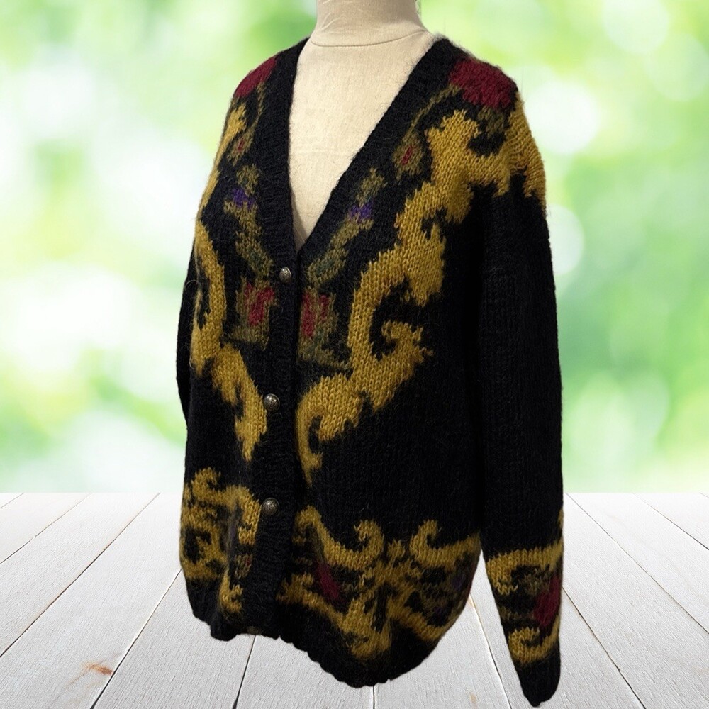 Vintage EXPRESS Hand Knit Mohair Cardigan Baroque Maximalist Black Gold Womens L